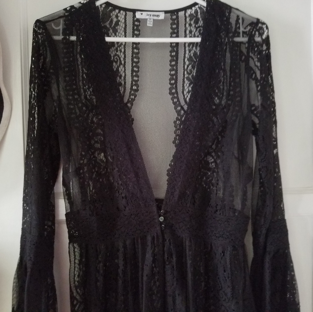 Black lace kimono robe beach cover med 21 fp fll